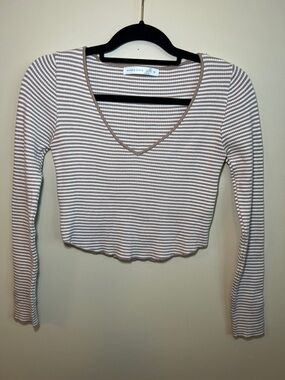 Altar’d State Ribbed Striped Crop Top Long Sleeve V-Neck Medium